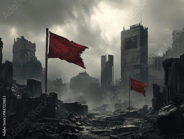 Obraz Eerie red flags wave amidst ruins of war-torn city, invoking themes of resilience and dystopian futures