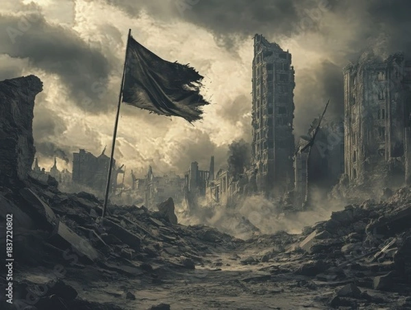 Obraz Apocalyptic cityscape with tattered flag waving amidst ruins and stormy skies evokes resilience and loss