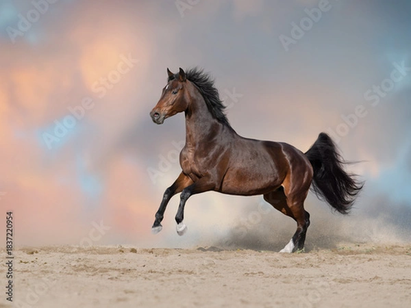Obraz Bay horse free run in sand