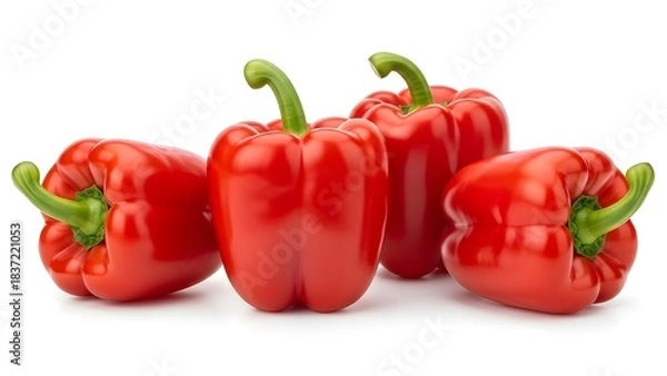 Fototapeta Glossy red bell peppers with green stems rest on a white backdrop, showcasing freshness, plumpness, and vibrant color—ideal for themes of healthy eating, cooking, or natural produce.
