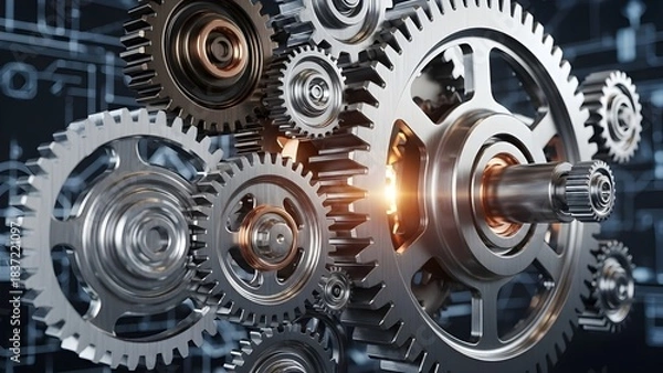 Fototapeta Close-up of interlocked metal gears with polished surfaces and schematic drawings—highlighting mechanical precision, motion dynamics, and industrial engineering in a sleek, technical composition.