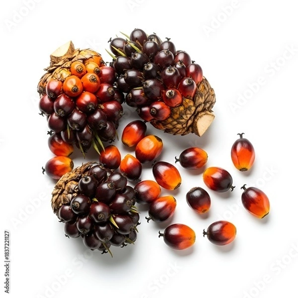 Fototapeta Glossy oil palm fruits in vibrant clusters, ranging from deep red to orange, displayed on white background, highlighting their fibrous core and rich oil content.