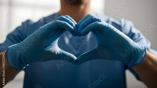 Fototapeta Gloved hands form a heart against blurred blue scrubs, symbolizing compassion, care, and medical dedication