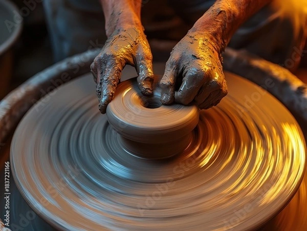 Obraz Expert potter shaping clay with spinning wheel creating art with passion and skill showcasing craftsmanship