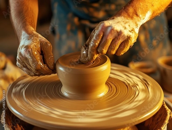Obraz Master craftsman shapes clay on pottery wheel, creating stunning art with skilled hands in artisan workshop