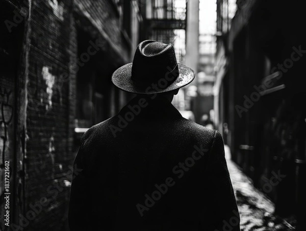 Obraz Stylish man walks alone through a dark alleyway in black and white giving mysterious vibes