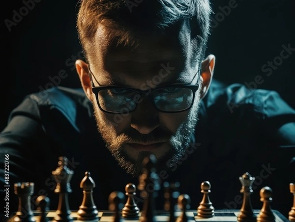 Obraz Intense strategic thinking man playing chess in dramatic lighting for problem solving solutions concept