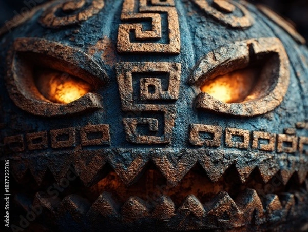 Obraz Intricate stone pumpkin with glowing eyes for a spooky Halloween celebration decoration or themed event prop