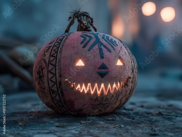 Obraz Spooky carved Halloween pumpkin with tribal pattern glowing on dark night creating a festive atmosphere