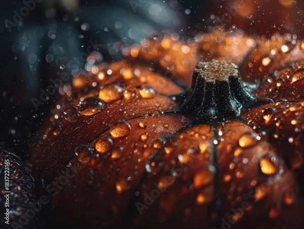 Obraz Dramatic close up of a pumpkin glistening with raindrops in moody lighting perfect for autumn themes