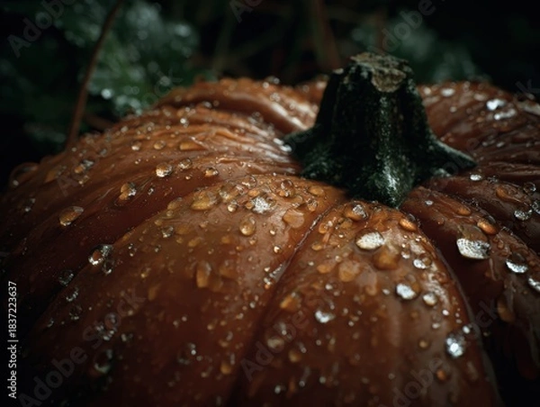 Obraz Moody pumpkin glistening with raindrops evokes autumn harvest season and cozy fall feelings