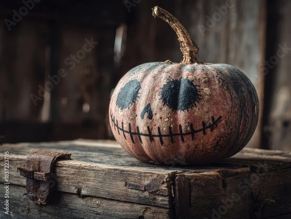 Obraz Rustic Halloween pumpkin with a spooky face sitting on a vintage wooden chest for fall decor