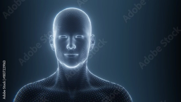 Obraz Digital human head and shoulders with a glowing wireframe effect. 3D render