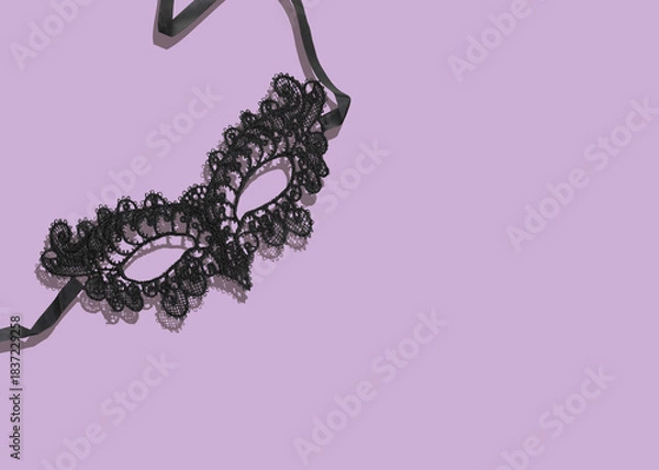 Fototapeta Black Lace Mask For Carnival Or Mardi Gras Celebration on Pastel Purple Background. Concept Of Masquerade Ball Fashion, Mysterious Party Looks, Festive Accessories, Theatrical Costume Styling
