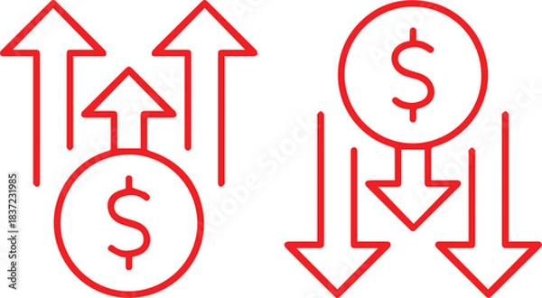 Fototapeta simple black and white financial icons,arrows pointing up and down,dollar sign icon,minimalist vector illustration