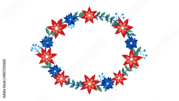 Obraz Circular folk flower frame with red and blue petals