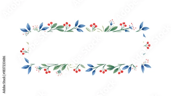 Obraz Botanical rectangular frame with blue leaves and red berries