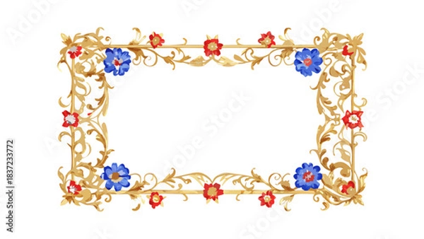 Obraz Decorative floral frame with golden branches and blue flowers