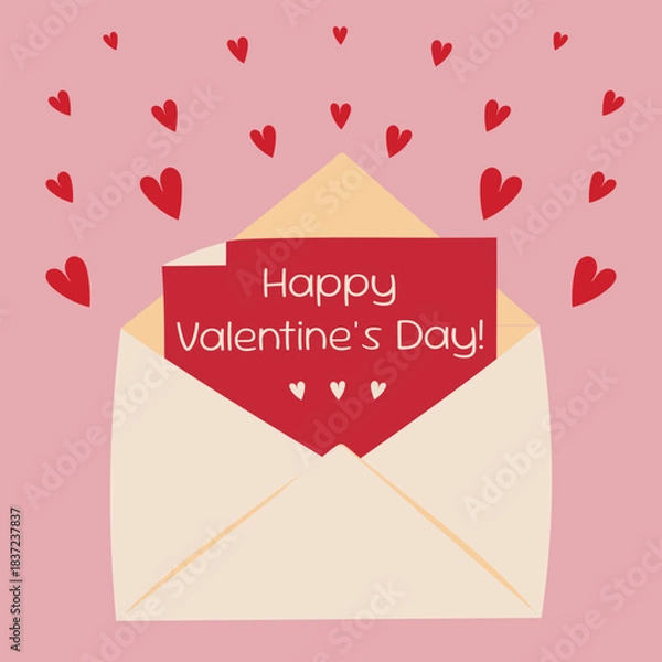 Obraz Happy Valentine's Day card with envelope, love letter, and red hearts.