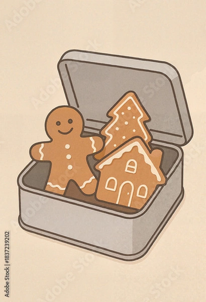 Fototapeta Vintage tin box filled with spiced biscuits in festive shapes