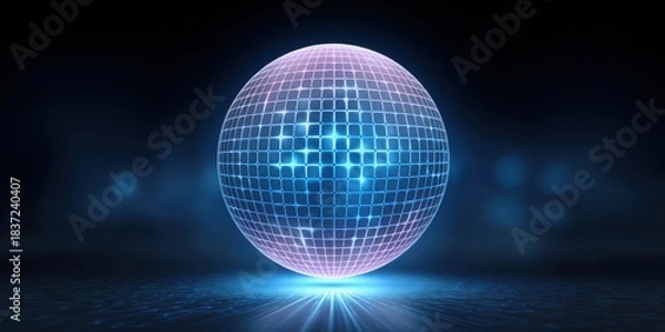 Fototapeta Battery backup charging concept. A glowing, digital sphere with a grid pattern, set against a dark background, exuding a futuristic and vibrant atmosphere.