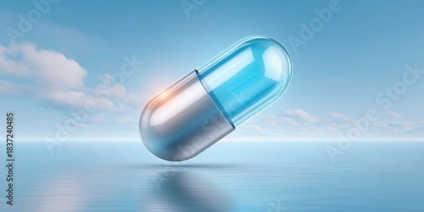 Fototapeta Battery backup charging concept. A floating blue capsule with a shiny exterior against a serene sky and calm water background.