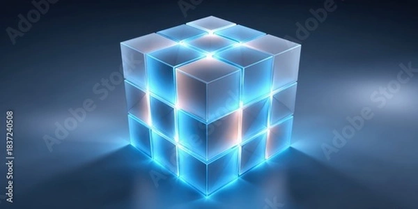 Fototapeta Battery backup charging concept. A glowing, transparent cube with illuminated edges, symbolizing innovation and technology against a dark background.