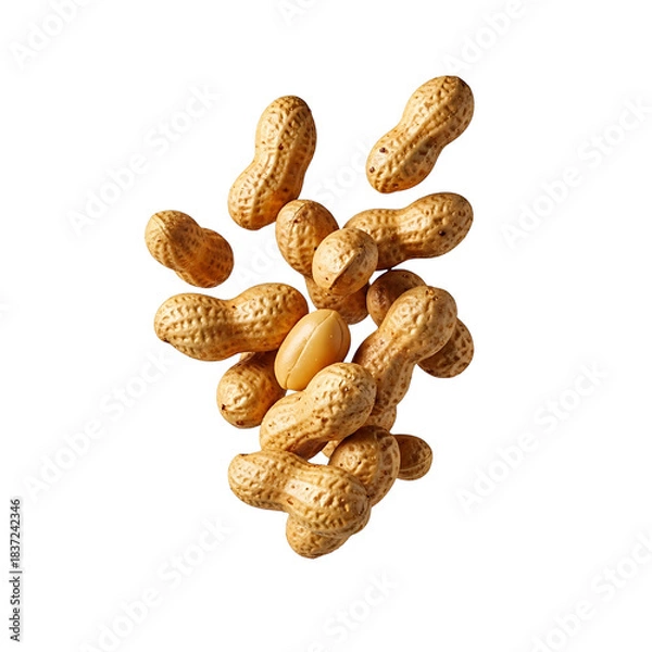 Obraz A cluster of peanuts falling against a white background