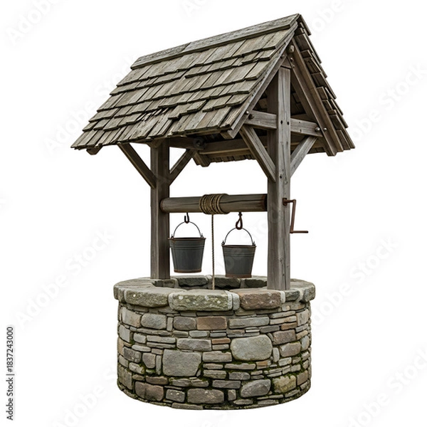 Obraz Rustic stone wishing well with wooden roof and buckets