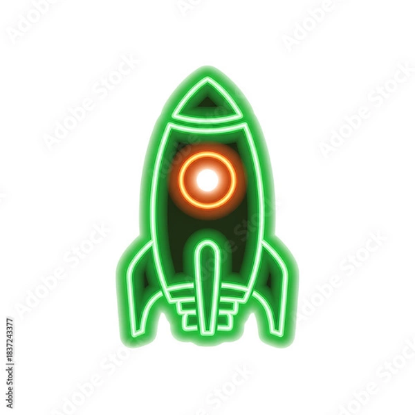 Obraz Green neon rocket ship with glowing orange window