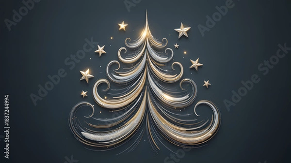 Fototapeta Elegant christmas tree illustration with gold and silver swirls and glowing stars
