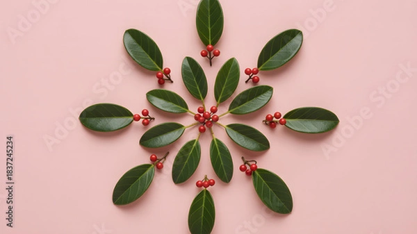 Fototapeta Holly leaves and red berries arranged in decorative festive holiday pattern
