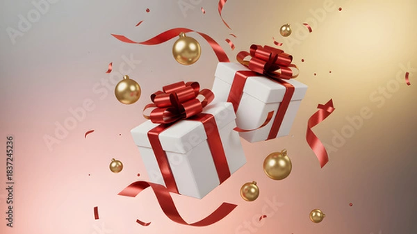 Fototapeta White gift boxes with red ribbons floating in festive holiday celebration scene
