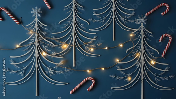 Fototapeta Minimal christmas tree line art with glowing lights and candy canes on dark background
