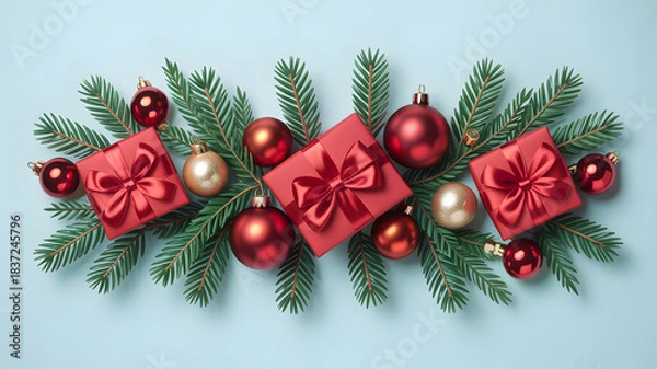 Fototapeta Christmas arrangement with red gifts baubles and evergreen branches on blue background
