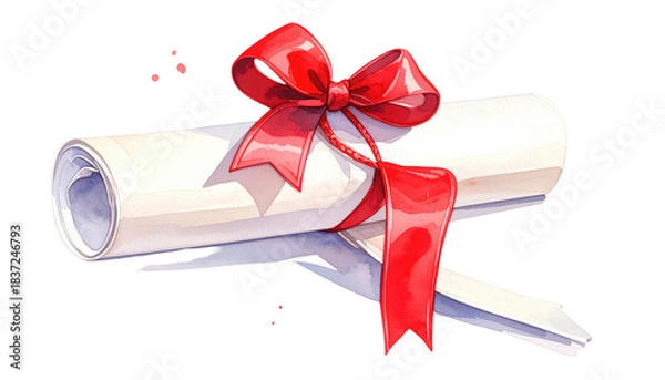 Fototapeta Rolled parchment tied with a bright red ribbon, casting a gentle shadow. Simple, celebratory, and elegant