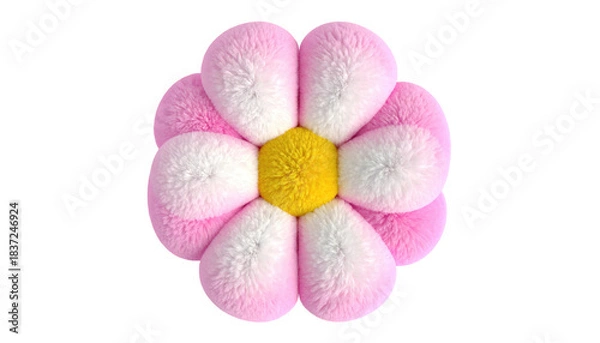Fototapeta Fluffy flower with alternating pink and white petals and a yellow center, isolated on a black background