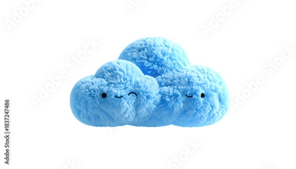 Fototapeta Cute fluffy light blue cloud plush with two small, smiling faces, isolated against a black background