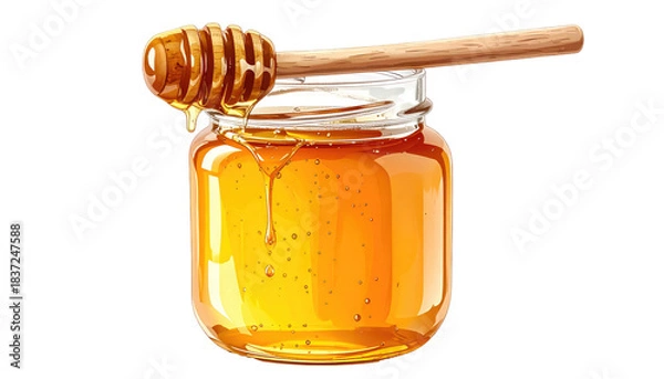 Fototapeta Jar of golden honey with dipper stick sits atop, with viscous honey dripping, against black