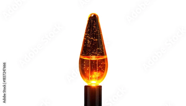 Fototapeta Glowing, teardrop-shaped light with bubbles in amber liquid, atop a black base, set against a dark backdrop