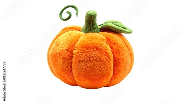 Fototapeta Plush, textured pumpkin toy with green stem, tendril, and leaf, isolated against a black background