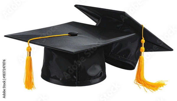 Fototapeta Two black graduation caps are stacked, featuring yellow tassels, against a dark background