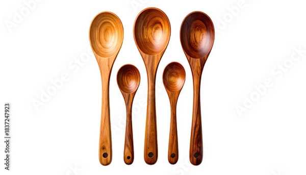 Fototapeta Five wooden spoons of varying sizes, neatly arranged against a dark backdrop, show off their natural wood grain