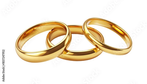 Fototapeta Three interlocked, shiny golden rings on a black background, creating a minimalist, elegant composition