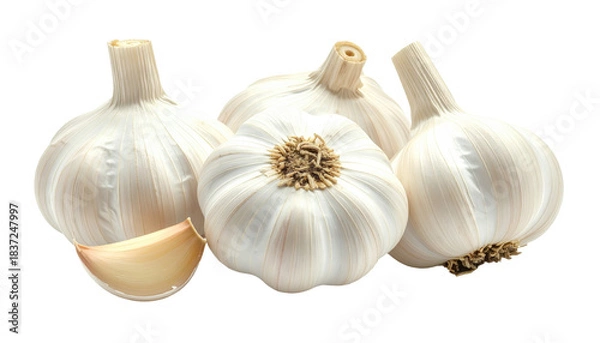 Fototapeta Group of white garlic bulbs with one peeled clove set against a dark, contrasting backdrop