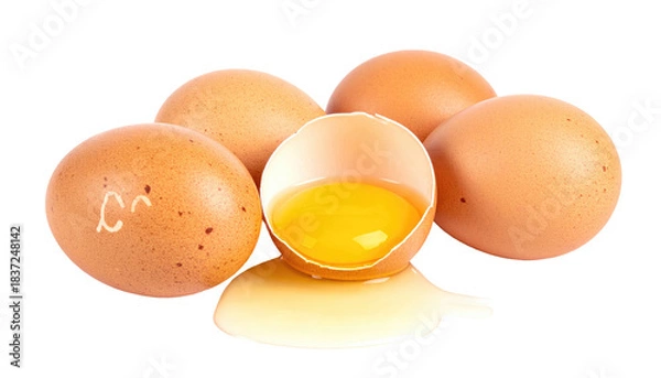 Fototapeta Pile of speckled brown chicken eggs with one cracked revealing golden yolk against a dark isolated background