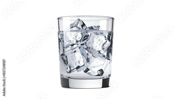 Fototapeta A short tumbler glass filled with clear ice cubes and a liquid, set against a dark, stark background