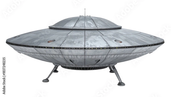 Fototapeta Metallic flying saucer with tripod landing gear, a classic extraterrestrial design against a stark black backdrop