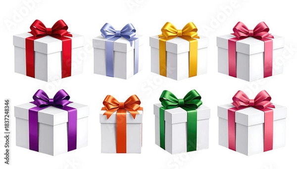 Fototapeta A collection of white gift boxes, each tied with a vibrantly colored satin ribbon and bow, on a black background