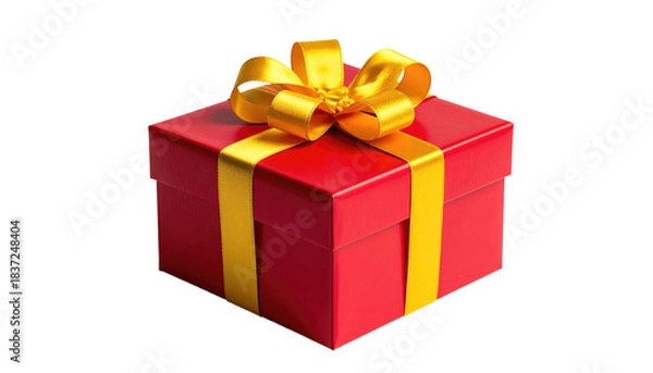 Fototapeta Red gift box tied with a golden ribbon on a black background, casting a soft shadow on the surface